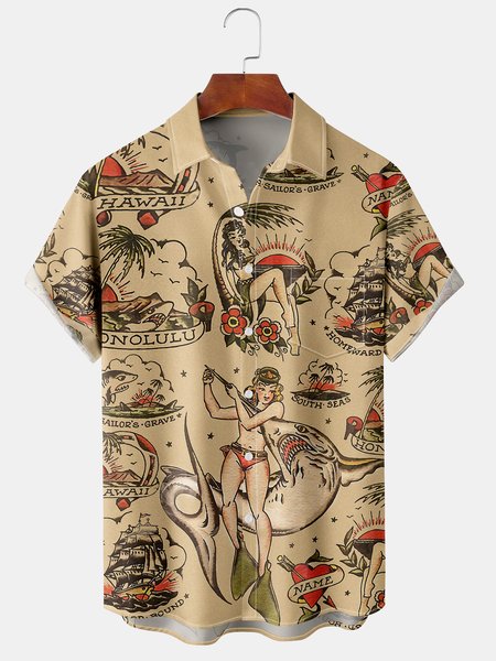 

Resort Style Hawaiian Series Mermaid Shark Coconut Tree Element Pattern Lapel Short-Sleeved Chest Pocket Shirt Printed Top, Khaki, Shirts ＆ Blouse
