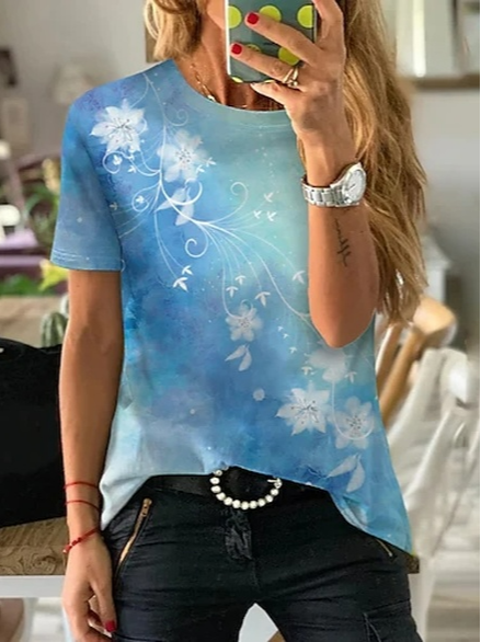 

Floral Cotton-Blend Crew Neck Casual T-Shirt, Blue, T-Shirts
