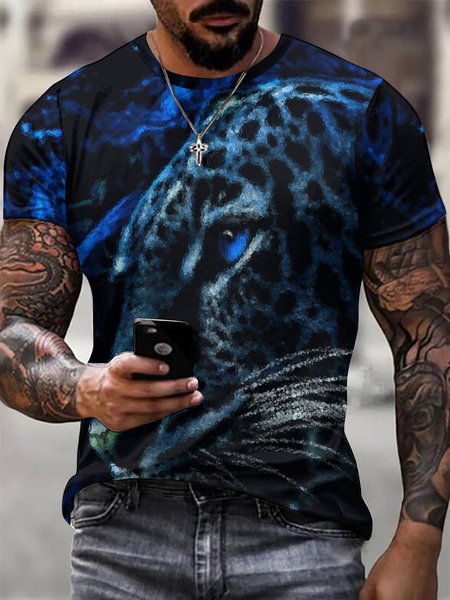 

Men Leopard Printing Animal Regular Fit Crew Neck T-Shirt, Deep blue, T-shirts
