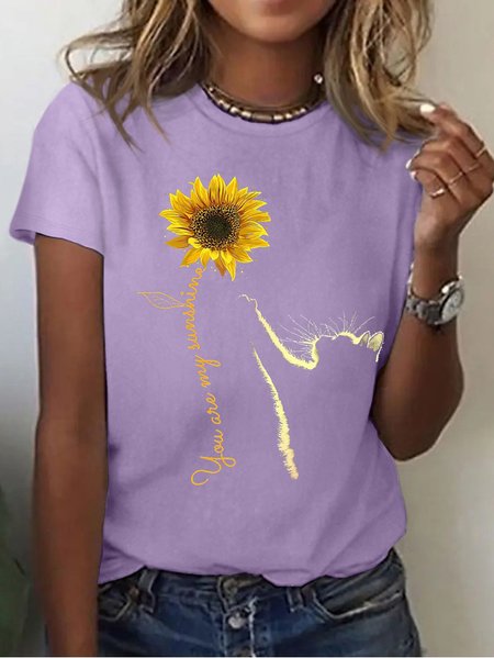 

Women Sunflower and Cat You Are My Sunshine Cotton Simple Crew Neck T-Shirt, Purple, T-shirts