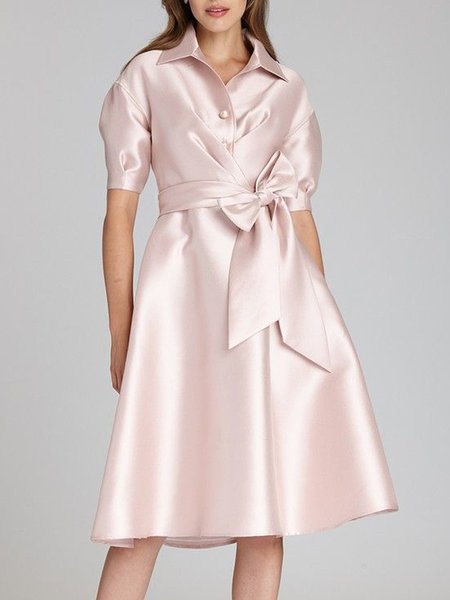 

Elegant Plain Shirt Collar Short Sleeve Lace-up Dress, Pink, Midi Dresses