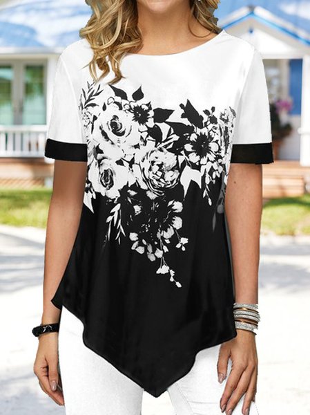 

Floral Crew Neck Casual Tops, Black-white, Shirts & Blouses