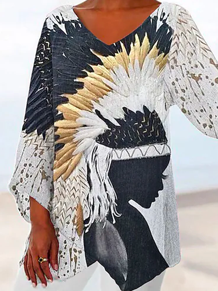

Ethnic Loose Vacation V Neck Blouse, Multicolor, Shirts & Blouses
