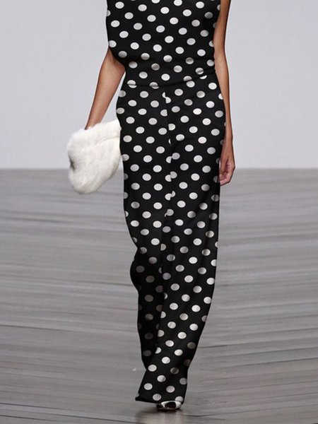 

Urban Regular Fit Polka Dots Fashion Pants, Black, Wide Leg Pants