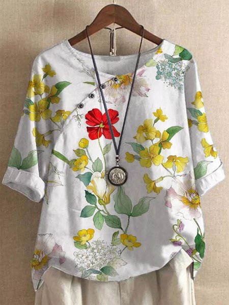 

Floral Loose Crew Neck Tops, White, Blouses & Shirts