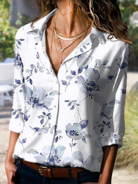 

Floral Shirt Collar Loose Blouse, White, Shirts & Blouses