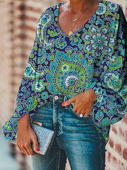 

Paisley V Neck Loose Ethnic Blouse, Multicolor, Shirts & Blouses