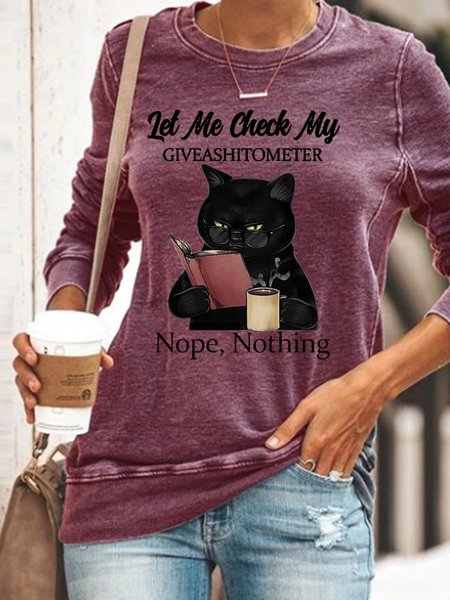 Womens Funny Letter Black Cat Crew Neck Sweatshirt, Red, Hoodies&Sweatshirts
