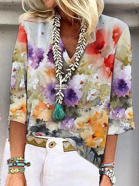 

Casual Floral Loose V Neck Three Sleeve Quarter Top, Multicolor, Blouses