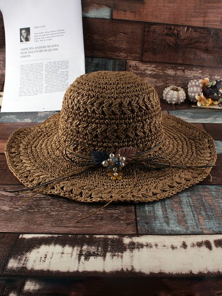 

Bohemian Resort Style Beach Foldable Straw Hat, Khaki, Hats & Headwear