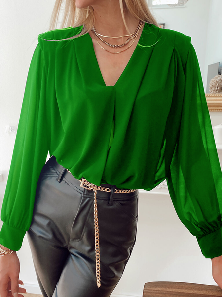 

Autumn H-Line Loose V Neck Urban Long sleeve Daily Tops, Green, Blouses and Shirts