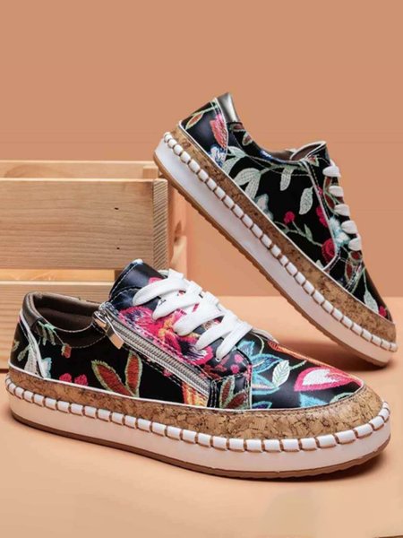 

Flower Plant Black PU Leather Stitching Zipper Lace Flat Shoes, Flats