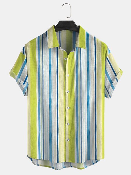 

Cotton and linen style American casual basic all-match geometric striped linen shirt, As picture, Men's Floral shirt