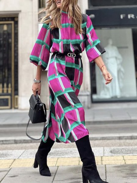 

Midi Daily Long sleeve Plaid Elegant Dress, Rose red, Midi Dresses