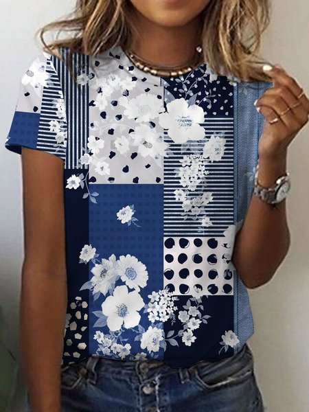

Casual Regular Fit Polka Dots Floral T-Shirt, Multicolor, T-Shirts