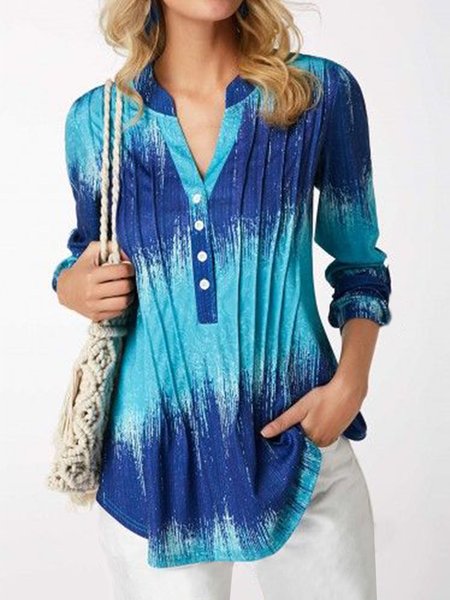 

V Neck Regular Fit Ombre Long Sleeve Blouse, Blue, Shirts & Blouses