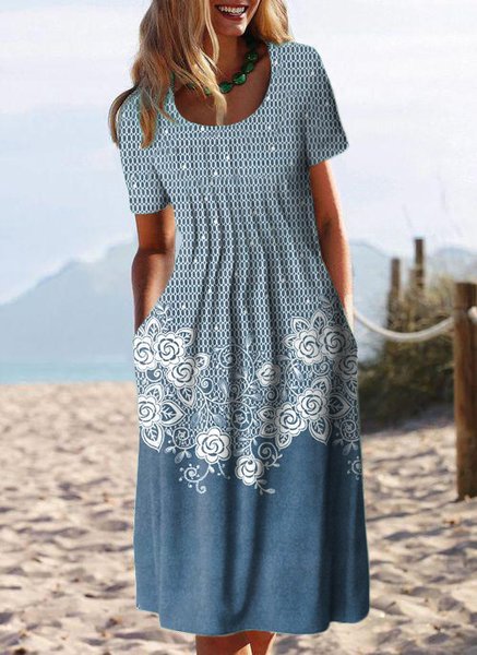 

Crew Neck Floral Casual Dresses, Blue, Dresses