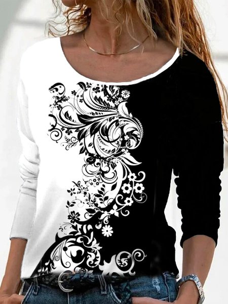 

Casual Floral Crew Neck Top, Black-white, T-Shirts