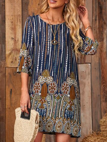 

Loose Vacation Ethnic Crew Neck Dresses, Multicolor, Mini Dresses