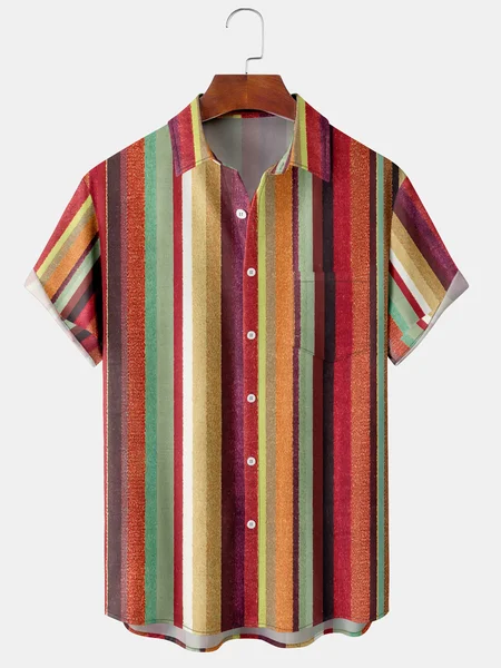 

Men's Vintage Striped Print Casual Breathable Hawaiian Short Sleeve Shirt, Red, Men's Floral shirt
