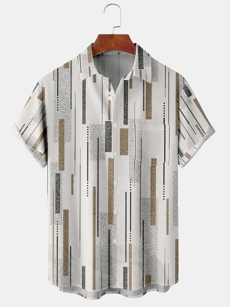Geometric Stripe Chest Pocket Short Sleeve Shirt, Khaki, Men Shirts