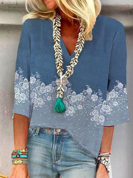 

V Neck Floral Casual Top, Blue, Shirts & Blouses