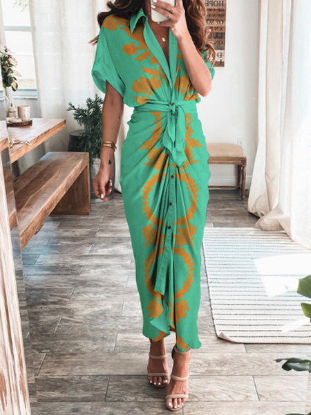 

Summer H-Line Long sleeve Abstract Shirt Collar Simple Dresses, Green, Maxi Dresses
