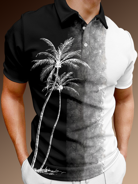 

Resort Style Hawaii Series Gradient Color Plant Coconut Tree Element Pattern Lapel Short-Sleeved Polo Print Top, Black, Polos