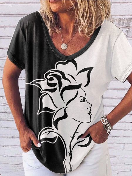 

Casual Illustration Design V-neck Knitted T-shirt, Multicolor, T-Shirts