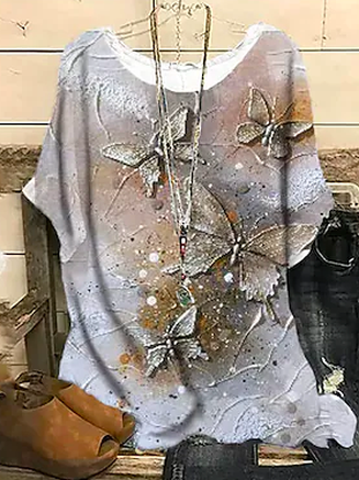 

Crew Neck Vacation Butterfly Blouse, Multicolor, Shirts & Blouses