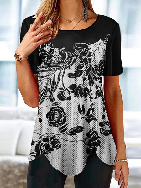 

Casual Floral Design Short Sleeve Knit Top, Black, Shirts & Blouses