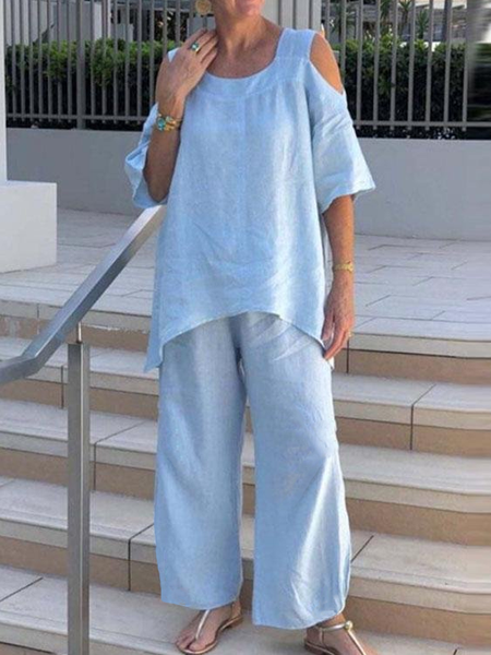 

Casual Loose Cotton Two Piece Sets, Blue, Suits