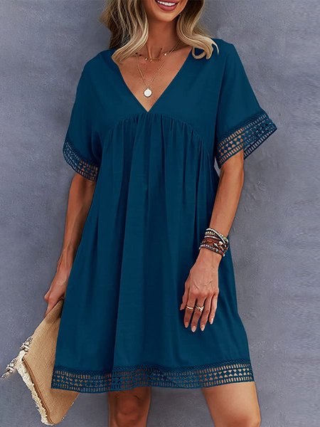 

Elegant Lace Panel V-Neck Loose Dress, Deep blue, Mini Dresses