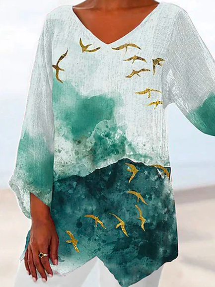 

V Neck Vacation Cotton Blouse, Multicolor, Shirts & Blouses