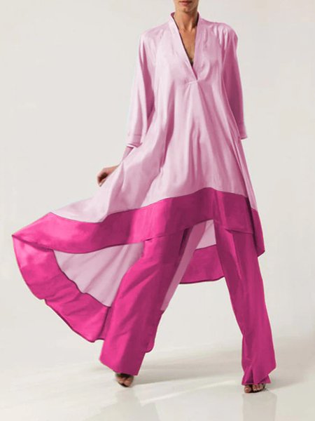 

Daily Long sleeve V Neck Color Block Regular Fit Top, Pink, Blouses and Shirts