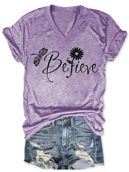 

Women Dragonfly Printing Text Letters Casual T-Shirt, Purple, T-shirts