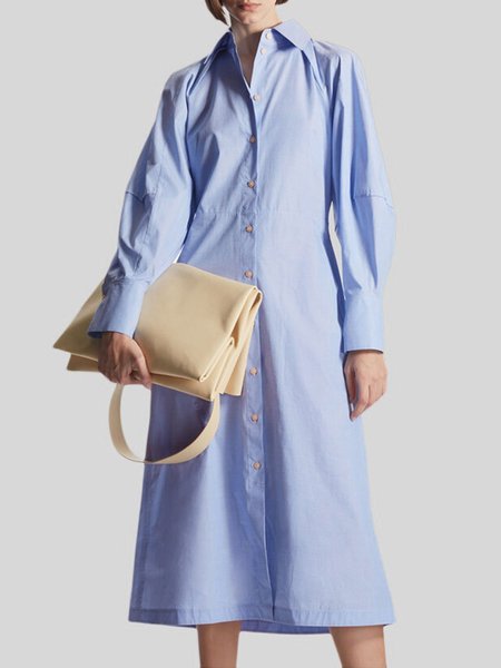 

Commuting Long Sleeve Shirt Collar Urban Shirt Dress, Blue, Midi Dresses