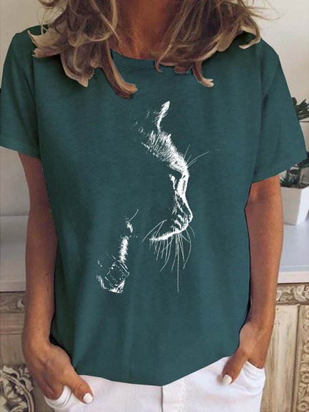 

women Black Cat Loose Crew Neck T-Shirt, Deep green, T-shirts