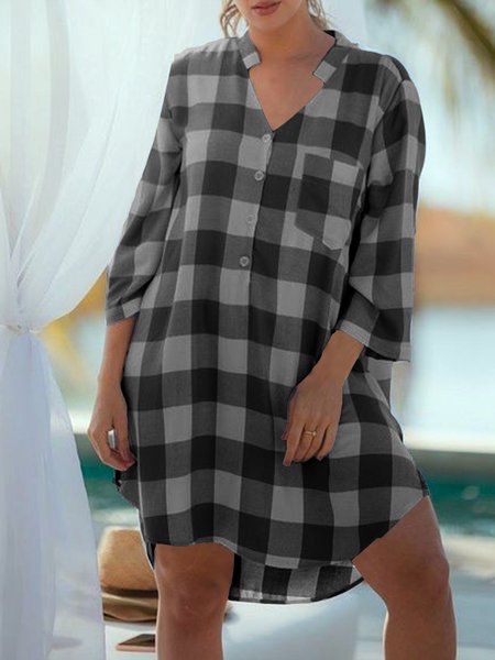 

V Neck Plaid Loose Buttoned Dresses, Black-white, Dresses