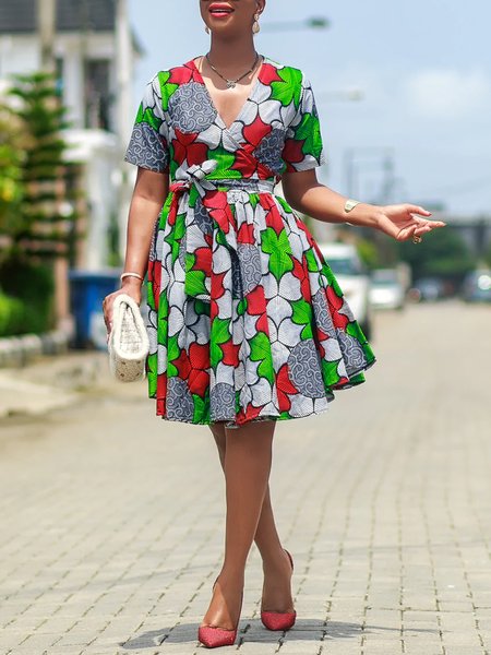 

Floral Regular Fit Vacation Short Sleeve Mini Dress, Multicolor, Mini Dresses