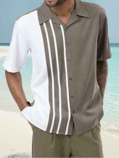 

Cotton Linen Style Geometric Striped Linen Shirt, As picture, Men's Floral shirt