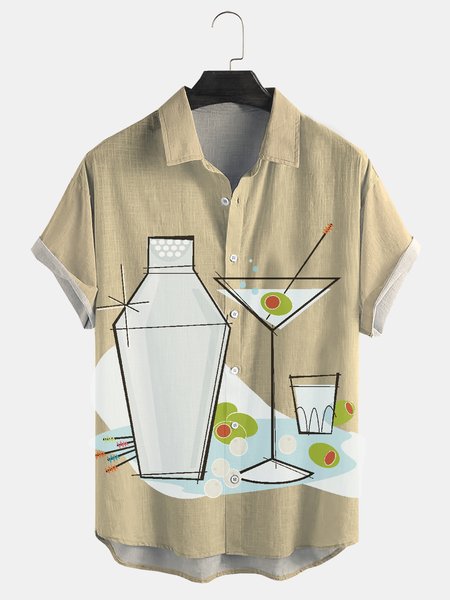 

Cotton Linen Geometric Print Casual Short Sleeve Shirt, As picture, Men's Floral shirt