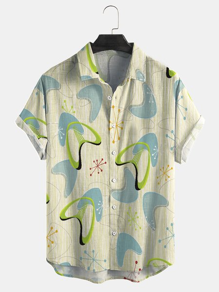 

Cotton Linen Geometric Print Casual Short Sleeve Shirt, As picture, Men's Floral shirt