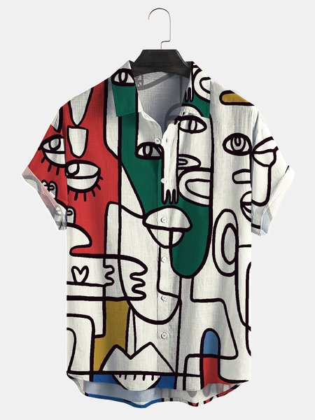 

Cotton Linen Geometric Print Casual Short Sleeve Shirt, As picture, Men's Floral shirt
