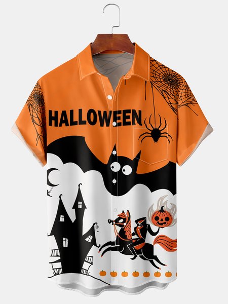 

Men's Halloween Animal Print Casual Short Sleeve Hawaiian Shirt with Chest Pocket, Orange, Men's Floral shirt
