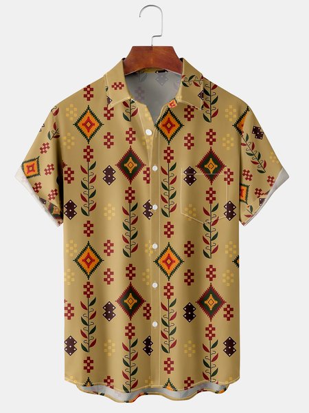 

Men's Geometric Print Casual Short Sleeve Hawaiian Shirt with Chest Pocket, Khaki, Men's Floral shirt