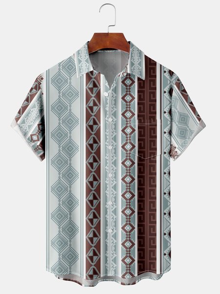

Men's Geometric Stripe Print Short Sleeve Hawaiian Shirt, Blue, Short Sleeve Shirts