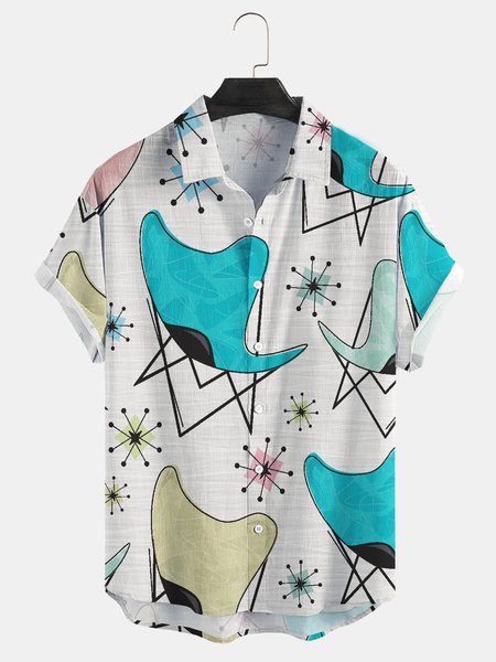 

Cotton Linen Geometric Print Casual Short Sleeve Shirt, As picture, Men's Floral shirt