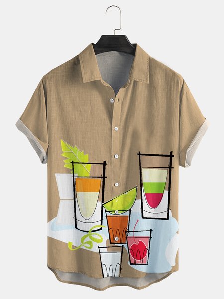 

Cotton Linen Geometric Print Casual Short Sleeve Shirt, As picture, Men's Floral shirt