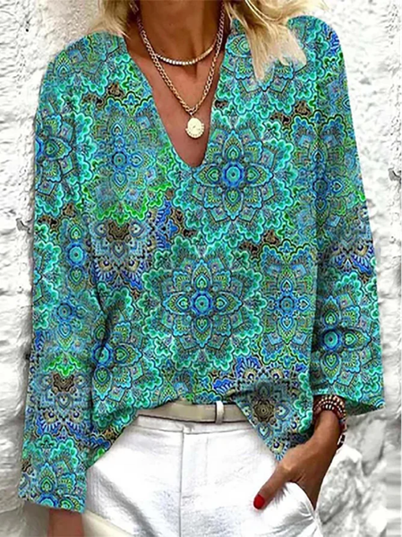 

Floral Long Sleeve V Neck Casual Top, Green, Blouses